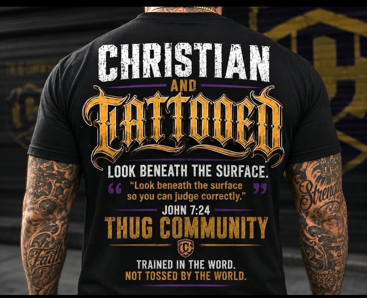 Christian and Tattooed shirt design shown on a black shirt